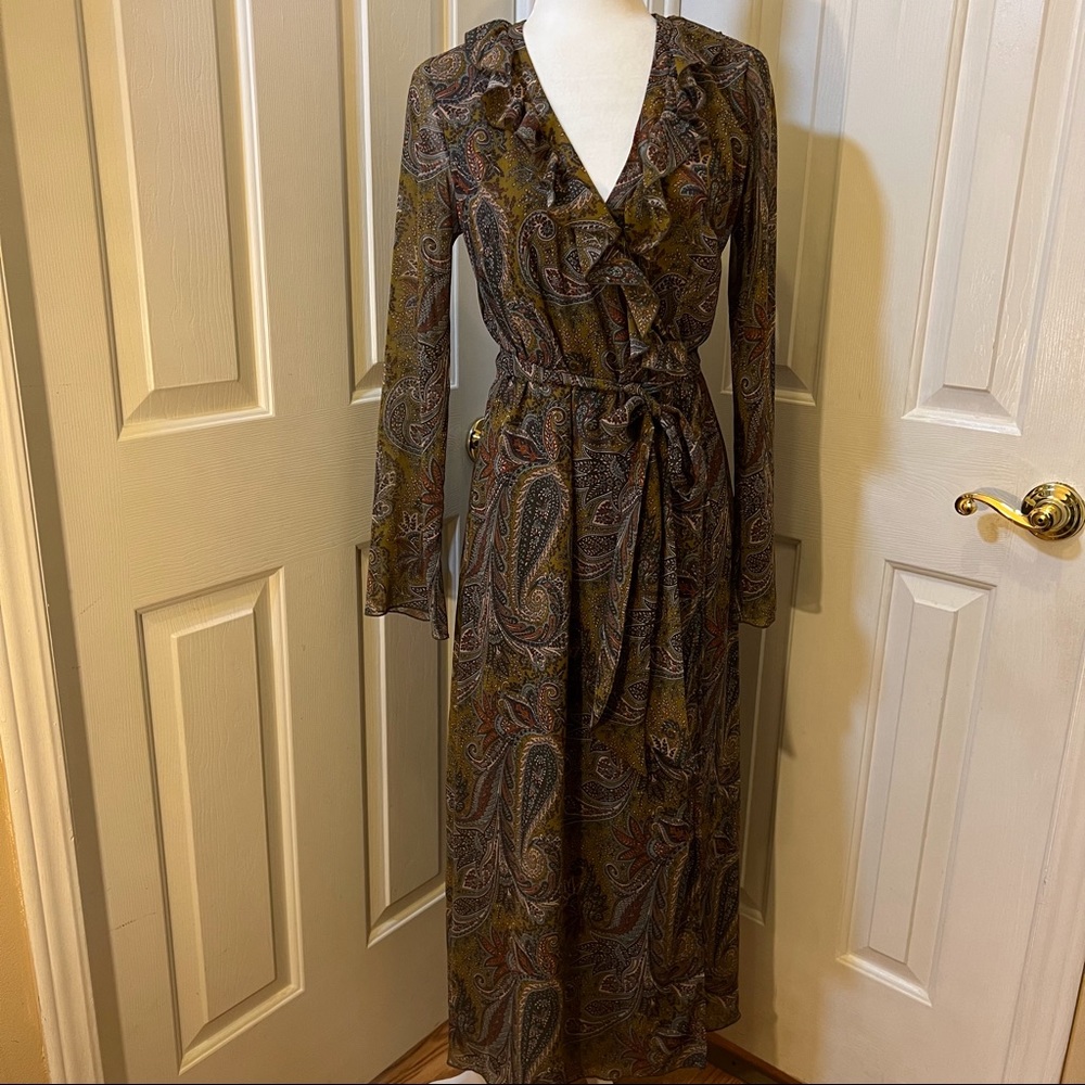 Apart Boho Brown Multicolored Wrap Midi Lined Long Sleeve Dress Size 4